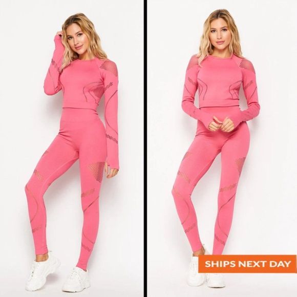 Seamless Macramé Laser Cut Long-sleeved Two Piece Sport Set - Seamless - Picture 1 of 4